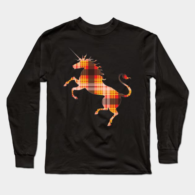 Scottish Red, Black and Yellow Tartan Rearing Unicorn Silhouette Long Sleeve T-Shirt by MacPean